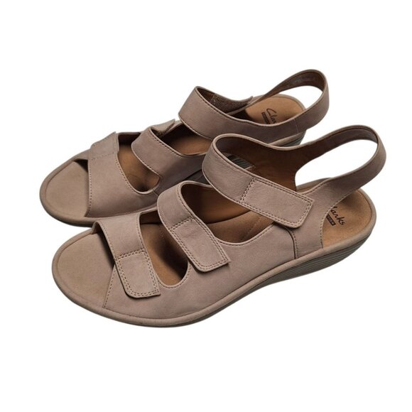 Clarks Soft Cushion Sandal Wedge Shoes Adjustable Straps Womens 9 Wide Beige - Picture 2 of 8